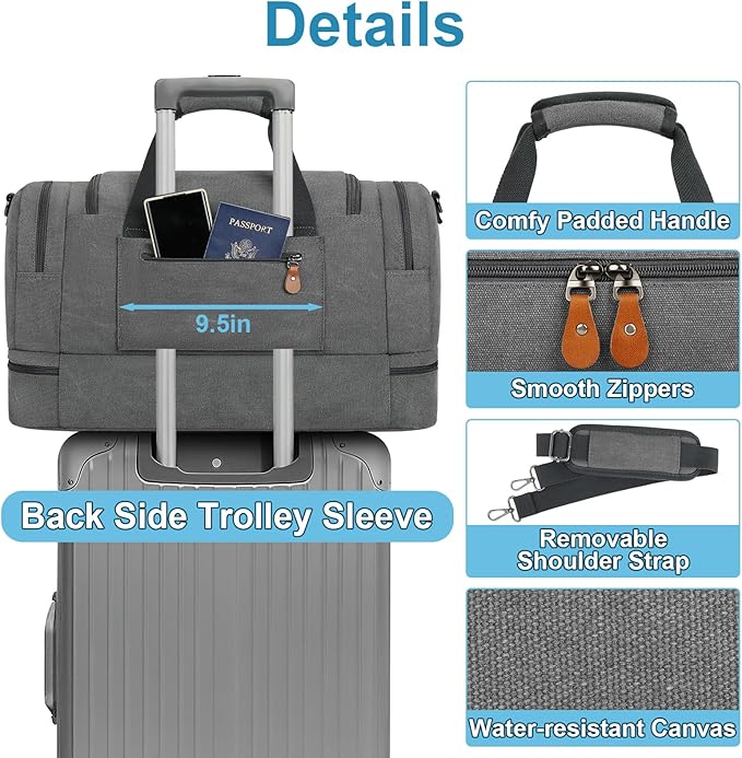 Duffle Bag for Travel, Expandable 50L Canvas Weekender Bag, Overnight Bag Travel Duffel Bag for Men Carry On Luggage with Removable Shoulder Strap, Durable & Water-Resistant