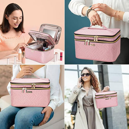 8.8L Double Layer Travel Makeup Bag With Mirror For Women, Large Cosmetic Case, Organizer for Travel-Size Accessories Bottles, Brushes,and Skin Care Products, 2.33 GAL, Pink
