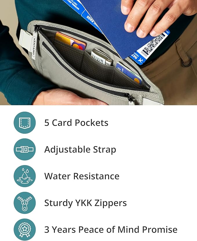 Vantamo Money Belt with RFID For Men & Women, Hidden Passport Holder for Travel, 2 Compartment Travel Fanny Pack for Women Anti Theft