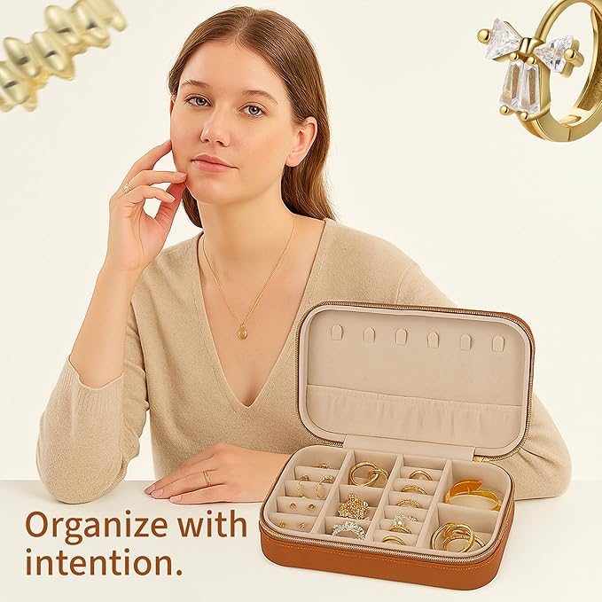 Small Travel Jewelry Box Organizer for women & Girls, Portable Small Travel Jewelry Case Organizer for Traveling, PU Leather Mini Box for Earrings, Necklaces, Rings, Bracelets - Neutral Tan