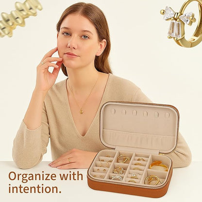 Small Travel Jewelry Box Organizer for women & Girls, Portable Small Travel Jewelry Case Organizer for Traveling, PU Leather Mini Box for Earrings, Necklaces, Rings, Bracelets - Neutral Tan
