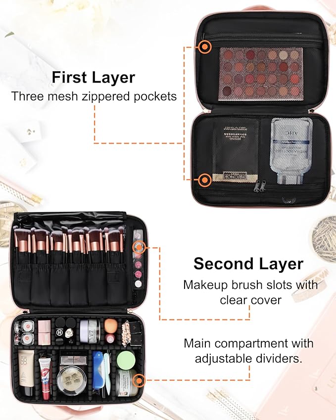 Relavel Travel Makeup Train Case Makeup Cosmetic Case Organizer Portable Artist Storage Bag with Adjustable Dividers for Cosmetics Makeup Brushes Toiletry Jewelry Digital Accessories