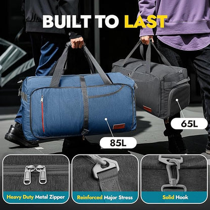 Canway 65L Travel Duffel Bag, Foldable Weekender Bag with Shoes Compartment for Men Women Water-proof & Tear Resistant (Panther Black, 65L)