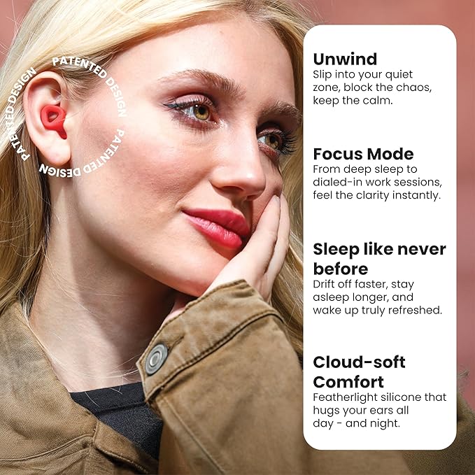 Zenz Unwind Ear Plugs for Sleeping Noise Reduction - Comfy Reusable Soft Silicone Earplugs for Focus, Study, Work - 8 Pair Eartips in XS/S/M/L - 27dB Hearing Protection with Storage Case - Fiery Red