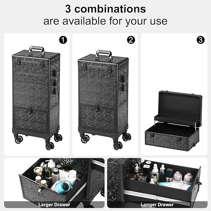 Rolling Makeup Case with Large Drawer, Makeup Train Case with Tray, Cosmetology Case on Wheels, Travel Makeup Case Organizers, Professional for Salon Barber, Nail, Tattoo, Black