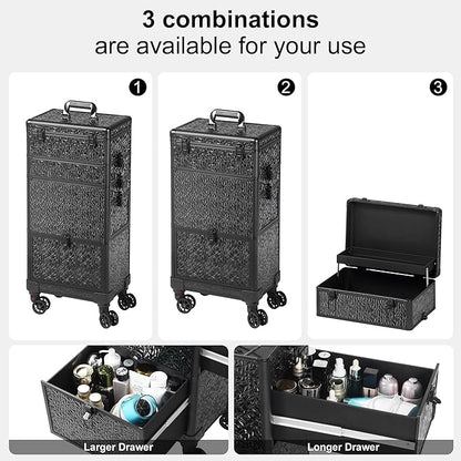Rolling Makeup Case with Large Drawer, Makeup Train Case with Tray, Cosmetology Case on Wheels, Travel Makeup Case Organizers, Professional for Salon Barber, Nail, Tattoo, Black