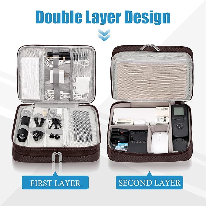 SELLYFELLY Electronics Travel Organizer, Double Layer Cable Organizer Bag Watreproof Electronics Accessories Storage Bag for Cord, Charger, Phone, Power Bank, Kindle, Hard Drive