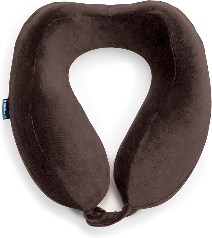 Brookstone Neck Travel Pillow - Lightweight Contoured Memory Foam Stuffable Travel Neck Pillow for Sleeping, Car, & Airplane, Size One Size, Velvet Brown