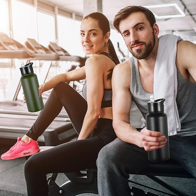 VEGOND 32 oz Insulated Water Bottle Bulk Stainless Steel Metal Water Bottles with Leak Proof Straw Lid & Spout Lid, Wide Mouth Double Walled Vacuum Travel Sports Bottle, Black 4 Pack