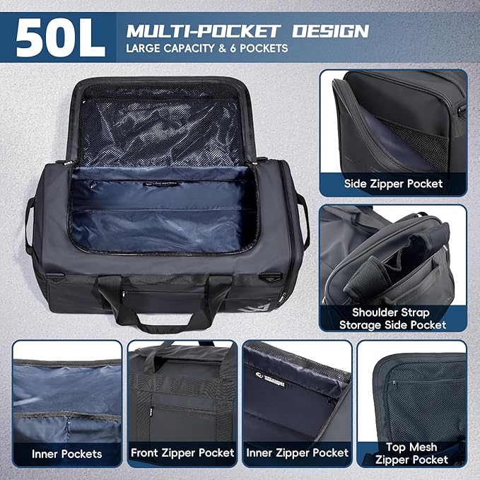 Duffle Backpack Heavy Duty Gym Bag for Men, 50L Convertible Travel Duffel Water Resistant Large Hand Bag for Sport Weekend, Black