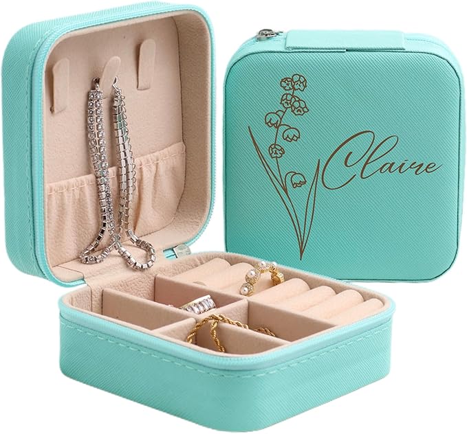 Personalized Leather Jewelry Box with Name and Birth Flower Month - Custom Jewelry Travel Case for Women, Mom, Nana, Children - Custom Name and Birth Flower Month Jewelry Organizer Box (Light Green)