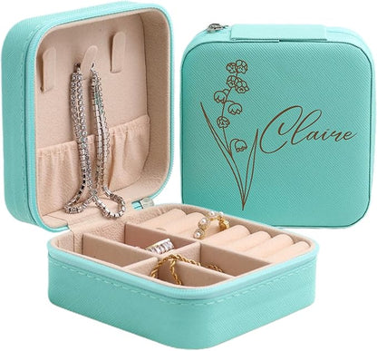 Personalized Leather Jewelry Box with Name and Birth Flower Month - Custom Jewelry Travel Case for Women, Mom, Nana, Children - Custom Name and Birth Flower Month Jewelry Organizer Box (Light Green)