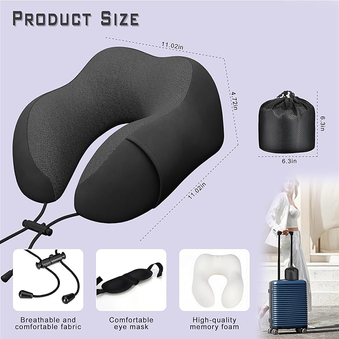 Neck Travel Pillow, Upgraded Memory Foam Pillow for Airplane, Machine Washable, Adjustable Flight Pillow, Suitable for Sleeping Airplane, Car, Office and Home (Black)