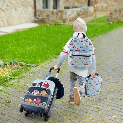 BABY JOY Kids Luggage, 5 Pieces Luggage Set w/ 16" Carry-on Hardshell Spinner Toddler Suitcase, 13" Backpack, Neck Pillow & Insulated Lunch Bag, Travel Kids Rolling Suitcase for Girls Boys (Blue Car)
