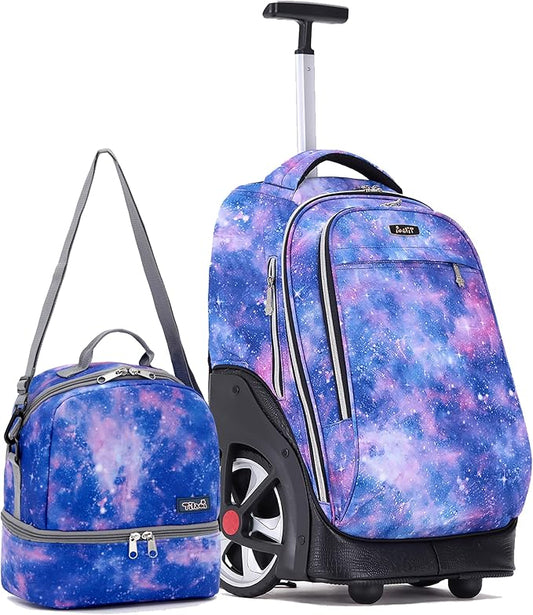 NEW TILAMI 19 Inch Rolling Backpack with Lunch Bag for Girls Boys Wheeled Laptop Backpack Durable Carry-on Bag School Travel, Star Violet