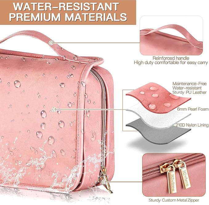 Elviros Hanging Travel Toiletry Bag for Women,3-in-1 Large Makeup Bag and Cosmetic Organizer,Vegan Leather Waterproof Skincare Case for Travel Size Toiletries and Accessories,Gift for Women