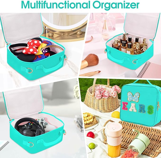 Chenille Letter Bow Mouse Ears Travel Case, Park Ears Headband Holder Hair Accessories Organizer Bag for Girls Women Kids Adults, Large Makeup Bag Snack Bags with Zipper for Travel Picnic - Cyan