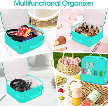 Chenille Letter Bow Mouse Ears Travel Case, Park Ears Headband Holder Hair Accessories Organizer Bag for Girls Women Kids Adults, Large Makeup Bag Snack Bags with Zipper for Travel Picnic - Cyan