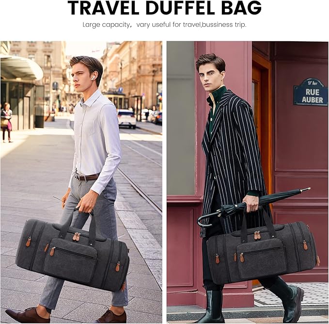 Sucipi Canvas Travel Duffel Bag for Men, Weekend Overnight Bag with Shoe Compartment and Toiletry Bag, Carry-On for Airplanes, Dark Grey
