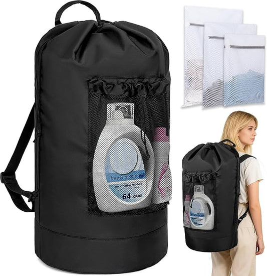 Laundry Bag Backpack with 3 Sizes Mesh Wash Bags and Shoulder Straps Foldable Clothes Hamper Bag with Drawstring Closure for College, Apartment, Laundromat (Black)