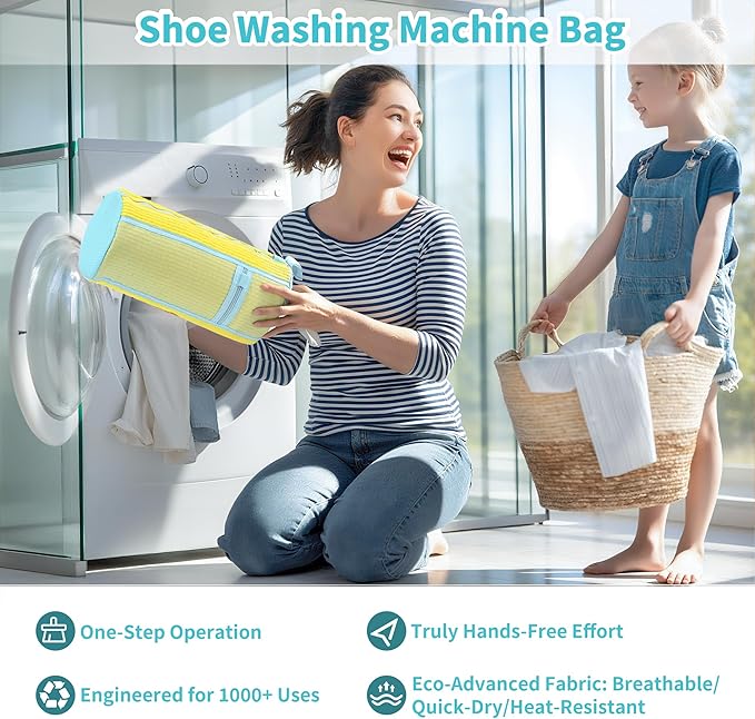 Shoe Washing Machine Bag: 2 pcs Shoe Bag for Washing Machine and dryer - Durable Zipper - 360° Deep Clean - Reusable laundry Bag for Sneaker/Slippers/Tennis/Runing Shoes & Insole(Yellow)