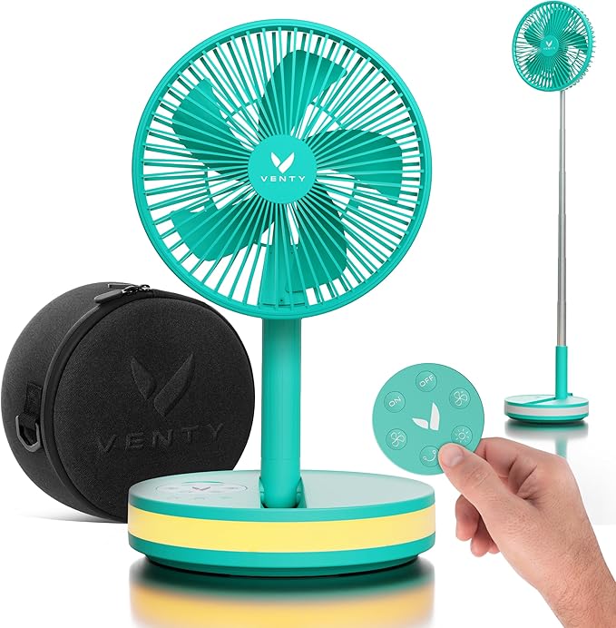 VENTY Portable Fan - Wireless Battery Operated Fan - 4 Speeds - LED Lighting - Carry Case & Remote Control - Cruise Travel - Outdoor Travel RV Power Bank With USB-C Port (Mint with Case)