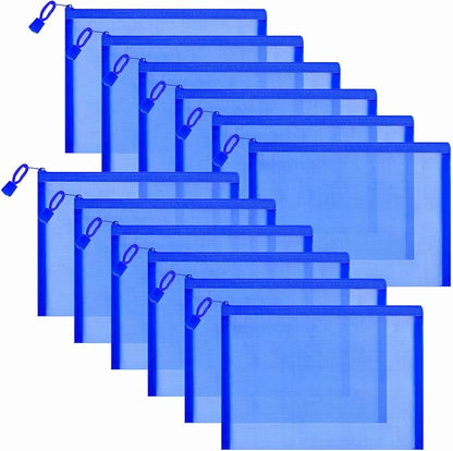 12 Pieces Zipper Nylon Mesh Pouch, Mesh Cosmetic Bags Makeup Bags Pencil Case, Multipurpose Travel Bags for Cosmetic School Office Supplies and Travel Accessories (Blue, A5) (WB06)