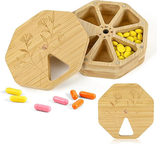 7 Day Pill Organizer, Weekly Bamboo Pill Case with Magnetic Closure, Geometric Design Tablet Box Portable Vitamin & Supplement Dispenser for Daily Travel, Pills, Fish Oil
