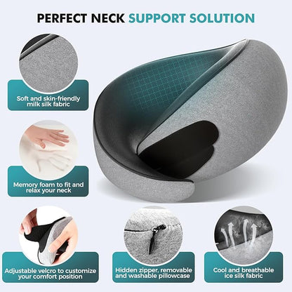 Travel Neck Pillows for Airplanes - 360° Ergonomic Memory Foam Travel Pillow - Relief Neck Pain with Breathable Support for Long Flights, Car, Train & Office Use - Adults & Kids (Gray)