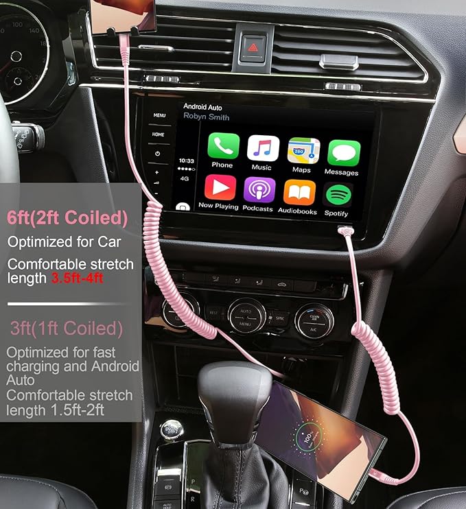USB C to C Cable 6FT, 2Pack Coiled USB C Fast Charging Cable for Car, CarPlay iPhone USB-C Cable/Android Auto USB C Cord, USB Type C Cable for iPhone 17/16/15/Pro Max/Samsung Galaxy S23 and More-Pink