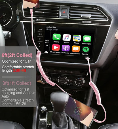 USB C to C Cable 6FT, 2Pack Coiled USB C Fast Charging Cable for Car, CarPlay iPhone USB-C Cable/Android Auto USB C Cord, USB Type C Cable for iPhone 17/16/15/Pro Max/Samsung Galaxy S23 and More-Pink