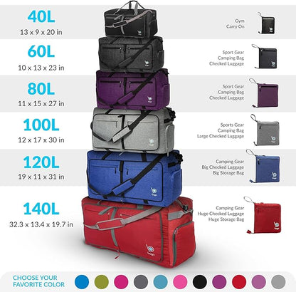 Bago Large Foldable Duffel Bags for Traveling Women & Men - 100L Packable Duffle Bag for Travel with Shoe Compartment - Water Repellant, Heavy Duty, Lightweight Folding & Collapsible (Purple)