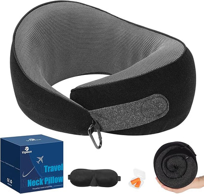 Travel Pillow, Memory Foam Neck Pillow Airplane for Long Flights, Portable Plane Cars Sleeping Travel Accessories with Eye Masks Earplugs (Black)