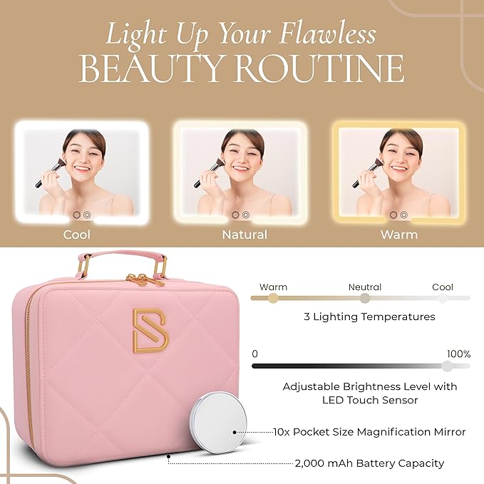 BAREZ Premium PU Leather Makeup Bag With LED Mirror - 3 Brightness Mirror Light Settings - Adjustable Dividers - Removable Mirror Waterproof Cosmetic Travel Bag - A Luxury Gift for Her (Pink)