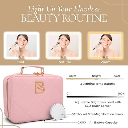 BAREZ Premium PU Leather Makeup Bag With LED Mirror - 3 Brightness Mirror Light Settings - Adjustable Dividers - Removable Mirror Waterproof Cosmetic Travel Bag - A Luxury Gift for Her (Pink)