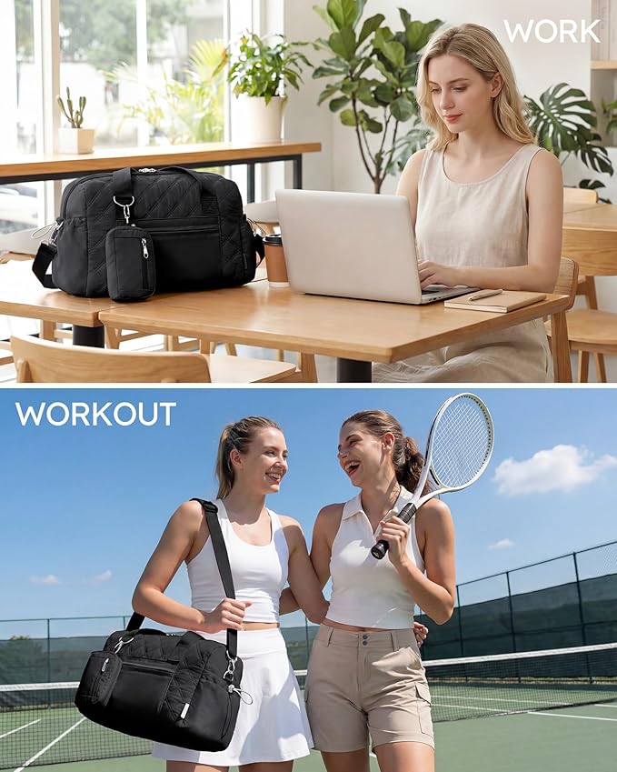 Kookoomia Small Gym Bag for Women, Mini Sports Duffle Bag for Workout Dance Ballet Yoga Gymnastics, Quilted Lightweight Puffer Travel Tote with Detachable Coin Purse & Wet Pocket, Black