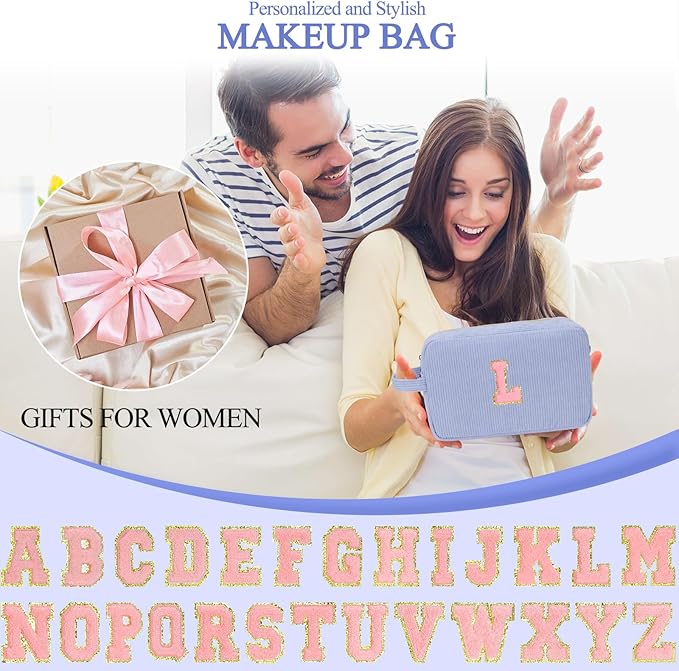 Personalized Initial Makeup Bag Trendy Stuff Corduroy Cosmetic Bag Travel Toiletry Bag, Christmas/Thanksgiving/Halloween Gifts Makeup Organizer Case for Women Girls Mom Girlfriend Wife - Blue