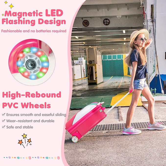 Goplus Kids Luggage, 16’’ Carry on Suitcase with LED Wheels, Waterproof Hard Shell, Lightweight Rolling Luggage for Travel, Birthday Christmas Gifts for Toddlers, Children, Boys, Girls (Pink)