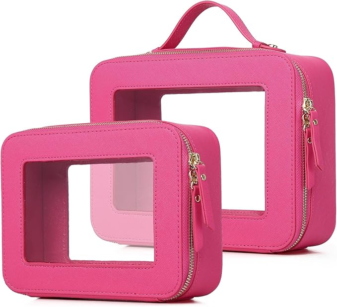 Pinkmik Clear Makeup Bag for Women Waterproof Travel Cosmetics and Toiletries Case Portable Makeup Oaganizer Bag Clear Car Bag with Zipper (X/Fuxia, M+L)