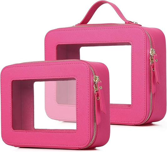 Pinkmik Clear Makeup Bag for Women Waterproof Travel Cosmetics and Toiletries Case Portable Makeup Oaganizer Bag Clear Car Bag with Zipper (X/Fuxia, M+L)