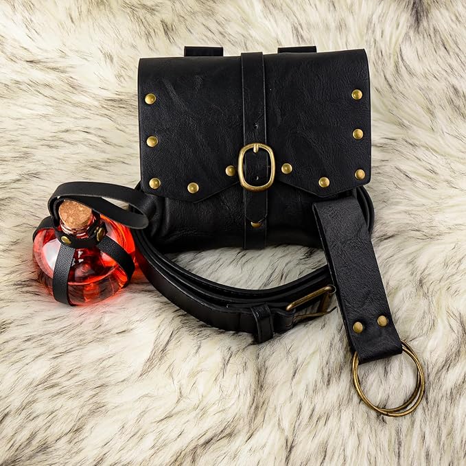 Renaissance Belt Pouch Viking Leather Medieval Belt Waist Bag Pirate Cosplay Festival Halloween Adjustable Accessories (Bottles-Black)