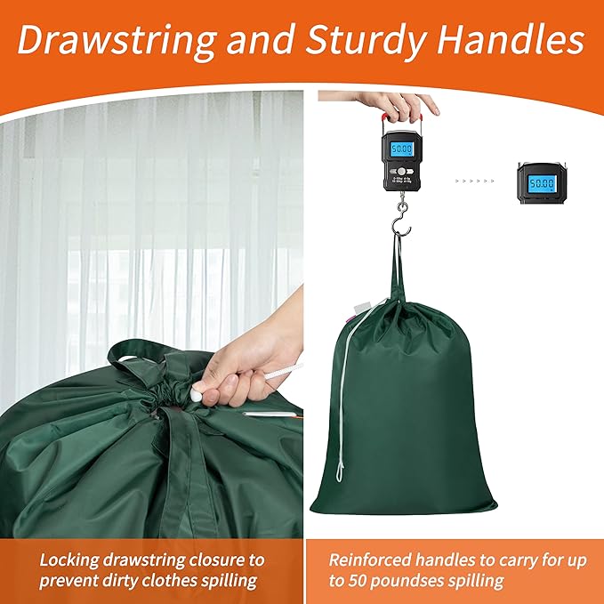 Polecasa Heavy Duty Large Laundry Bag with 130gsm Tear Resistant Fabric and Handles, Easy to Carry Durable Dirty Clothes Drawstring Bag, Perfect for College Dorm,Travel, 2 Pack 28”x36”,Green