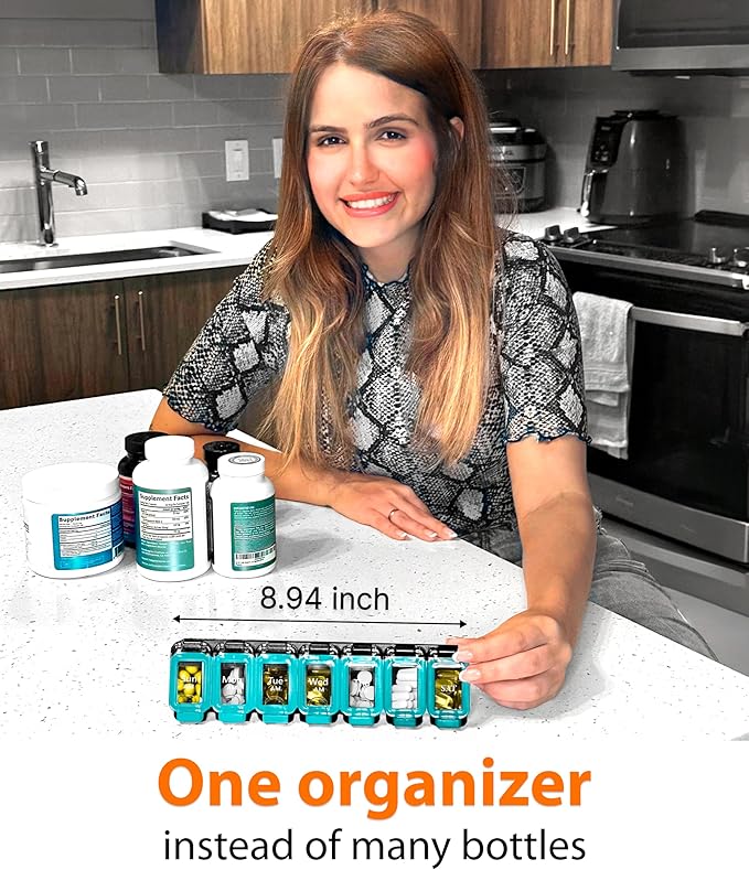 Weekly Pill Organizer 1 time a Day – Pill Box 7 Day with Enhanced Waterproof Seal, Large compartments Hold Big Vitamins & Supplements, Upgraded Locking lids, for Home & Travel use, Durable Hard case