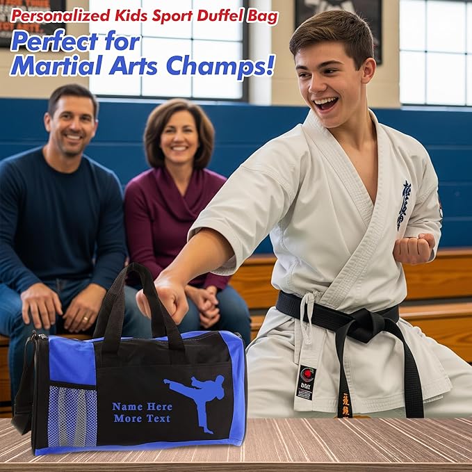 KishKesh Personalized Kids Sport Duffel Bag – Ideal for Martial Arts, Gym, Travel, Training & Workout for Male – Durable, Customizable Name & Text – Blue, 18" X 10" X 8"