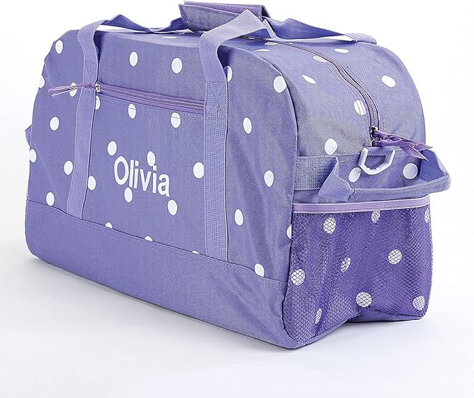 Lillian Vernon Personalized Duffel Bag for Kids, Roomy Purple and White Polka Dot Weekender With Front & Side Compartment, Customizable Girls Sports & Travel Bags With Custom Name, 9" x 10 ½" x 19"