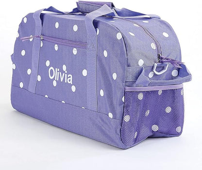 Lillian Vernon Personalized Duffel Bag for Kids, Roomy Purple and White Polka Dot Weekender With Front & Side Compartment, Customizable Girls Sports & Travel Bags With Custom Name, 9" x 10 ½" x 19"