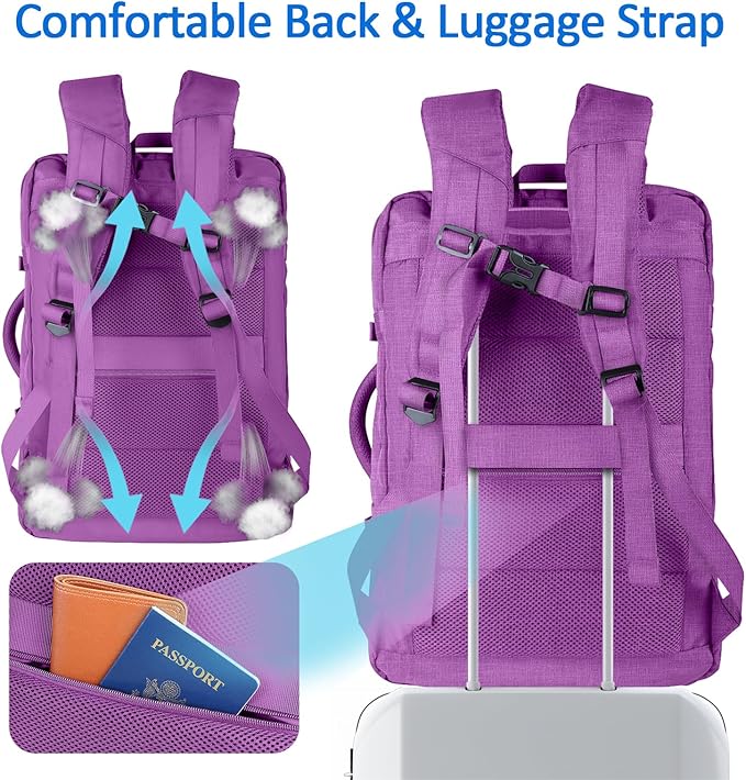 60L Carry On Backpack, Extra Large Laptop Backpack, Big Capacity Travel Backpack for Women, Expandable Water Resistant Bag Anti-Theft Business Daypack Fit 18 Inch Laptop with USB Port,Purple