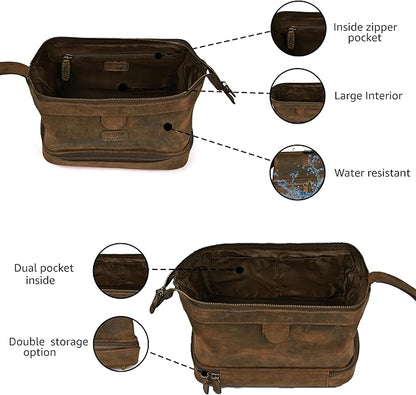 LEATHER VILLAGE Genuine Leather Dopp Kit – Large Travel Toiletry Bag with Waterproof Lining, Dual-Zip Design for Men & Women, Organizer for Shaving, Makeup & Essentials - Brown