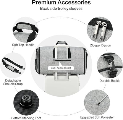 MILADA Convertible 2-in-1 Garment Duffel Weekender Bag Carry On Garment Bags for Travel Hanging Clothes Suit Bag Foldable Personal Item Business Overnight Bag with Shoe Compartment, Light Grey