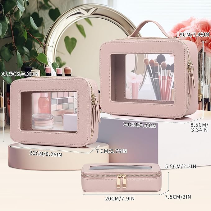 Pinkmik Clear Makeup Bag with Brush Bag 3pcs Waterproof Travel Case for Cosmetics and Toiletries Women's Makeup Organizer with Zipper (Pink, L+M+SLIM)
